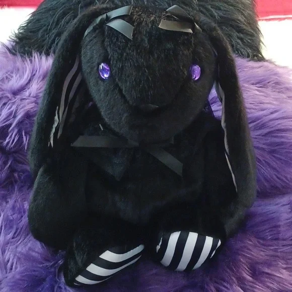 DOLLSKILL WIDOW GOTH BUNNY BAG BLACK PURPLE EYES BACKPACK BLACK FURRY STRAPS - Picture 12 of 15
